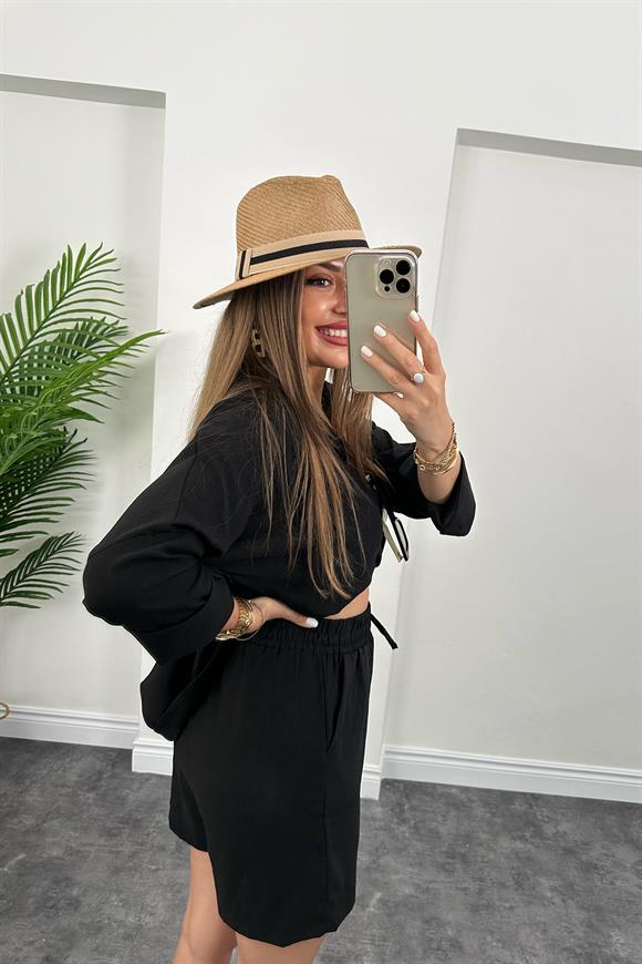 Soft Touch Seri Pamuk Viskon Şort Gömlek Takım Siyah