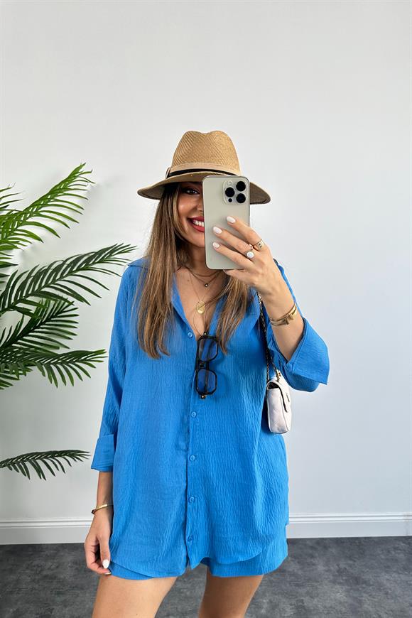 Soft Touch Seri Pamuk Viskon Şort Gömlek Takım Mavi