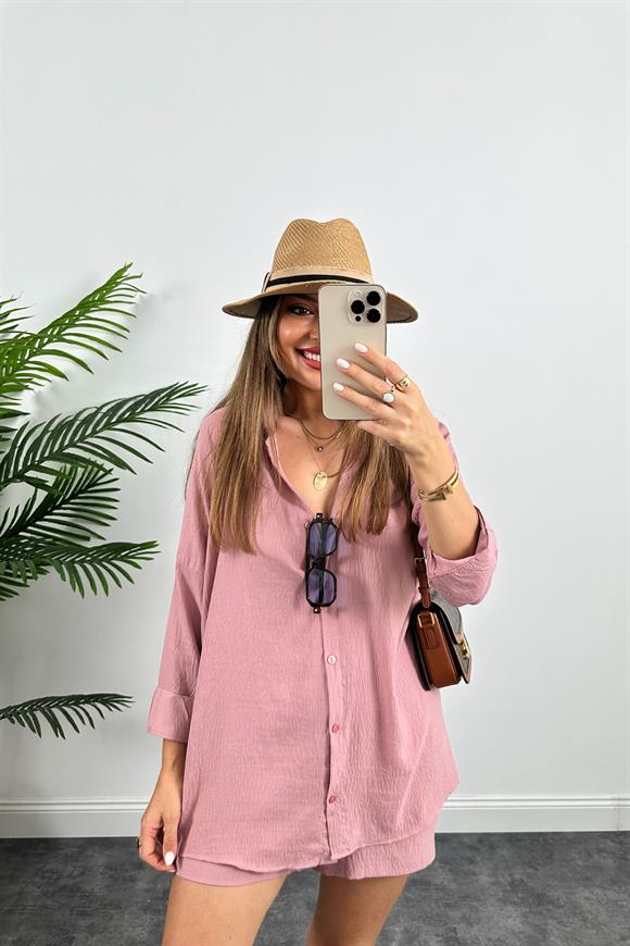 Soft Touch Seri Pamuk Viskon Şort Gömlek Takım Gül Kurusu