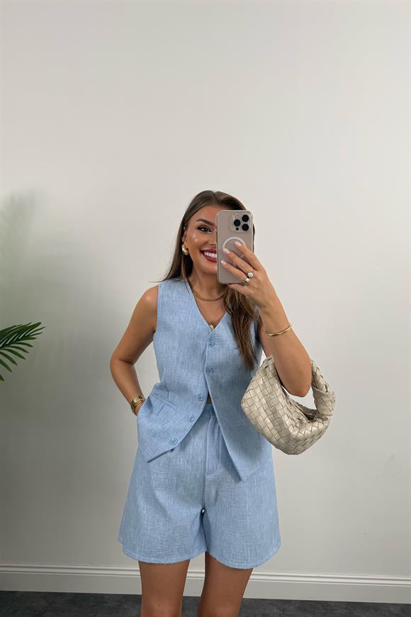 Şort Etek Keten Basic Takım Mavi