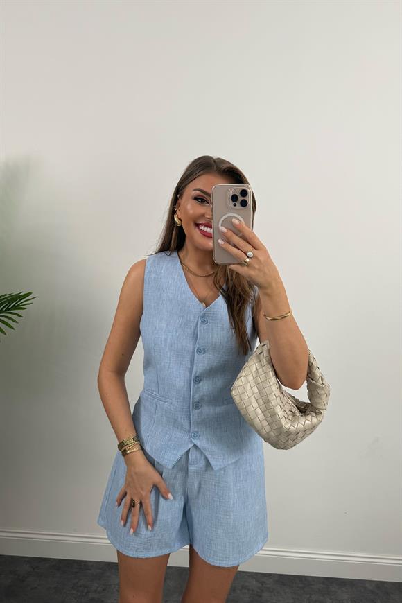 Şort Etek Keten Basic Takım Mavi
