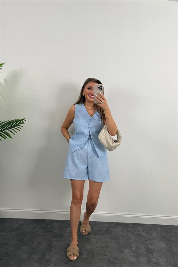 Şort Etek Keten Basic Takım Mavi