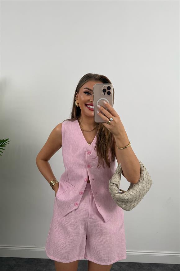 Şort Etek Keten Basic Takım Pembe