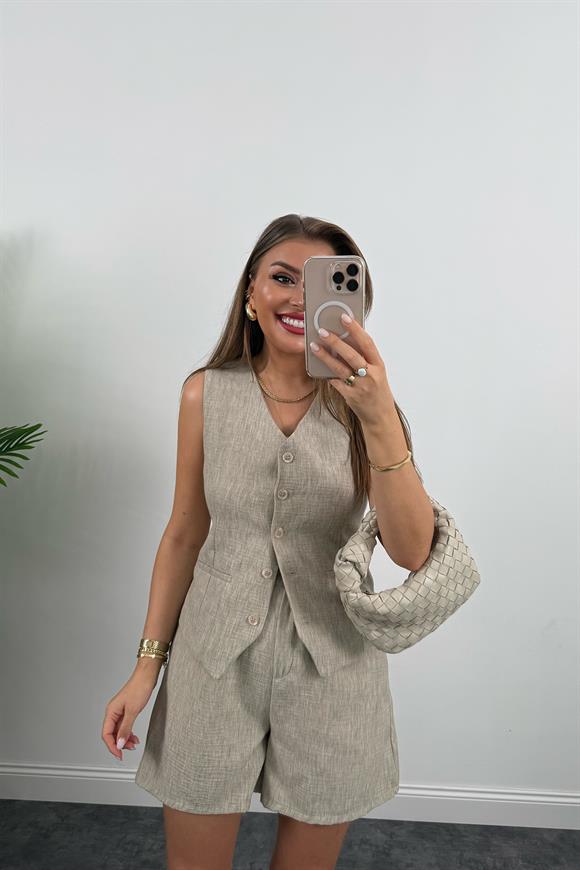 Şort Etek Keten Basic Takım Taş