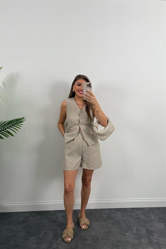 Şort Etek Keten Basic Takım Taş