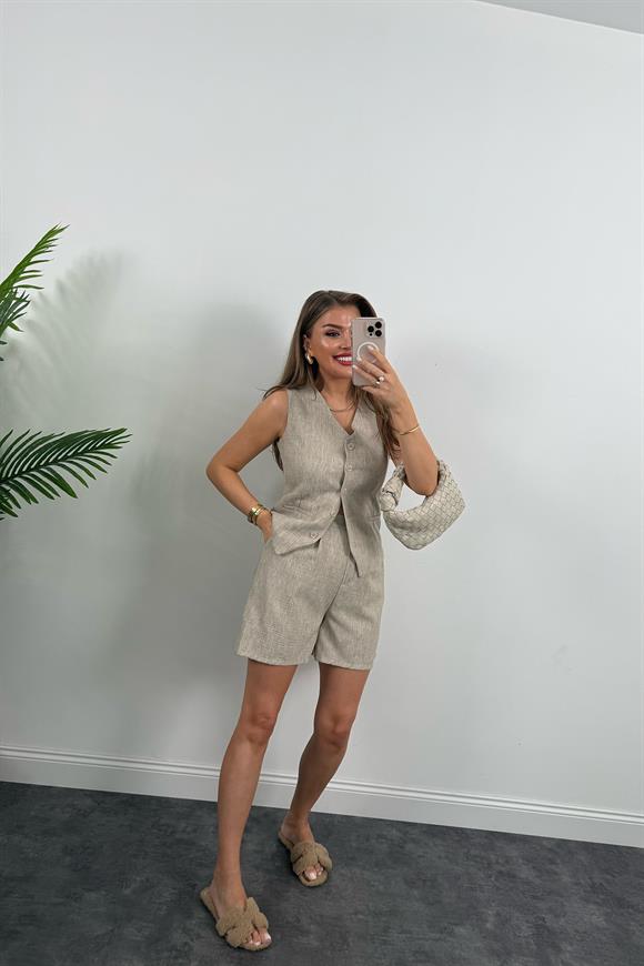 Şort Etek Keten Basic Takım Taş