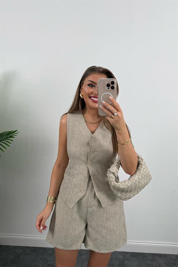 Şort Etek Keten Basic Takım Taş