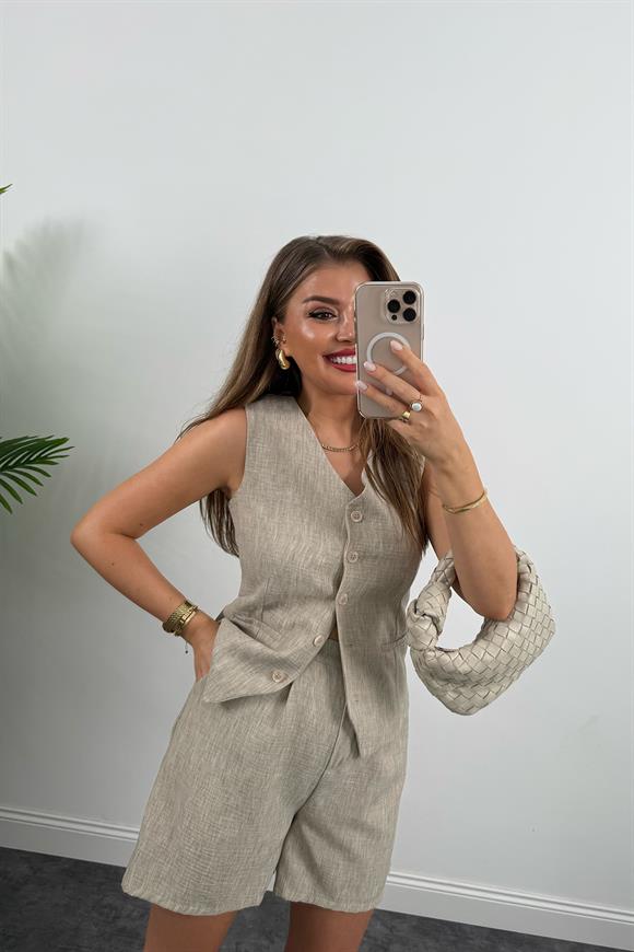 Şort Etek Keten Basic Takım Taş