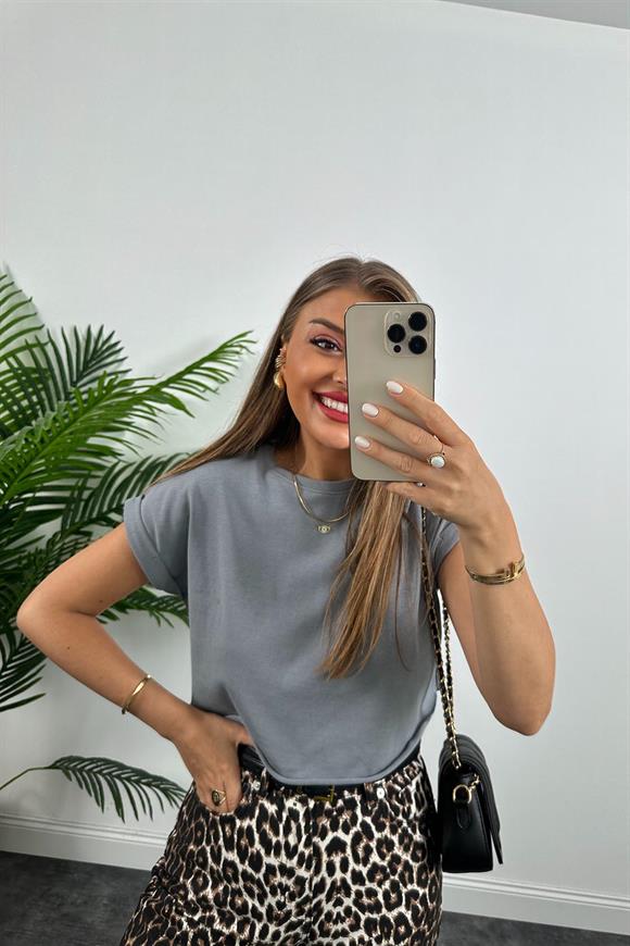 T Kol Özel Kumaş Tam Pamuklu Premium Basic Tshirt Gri