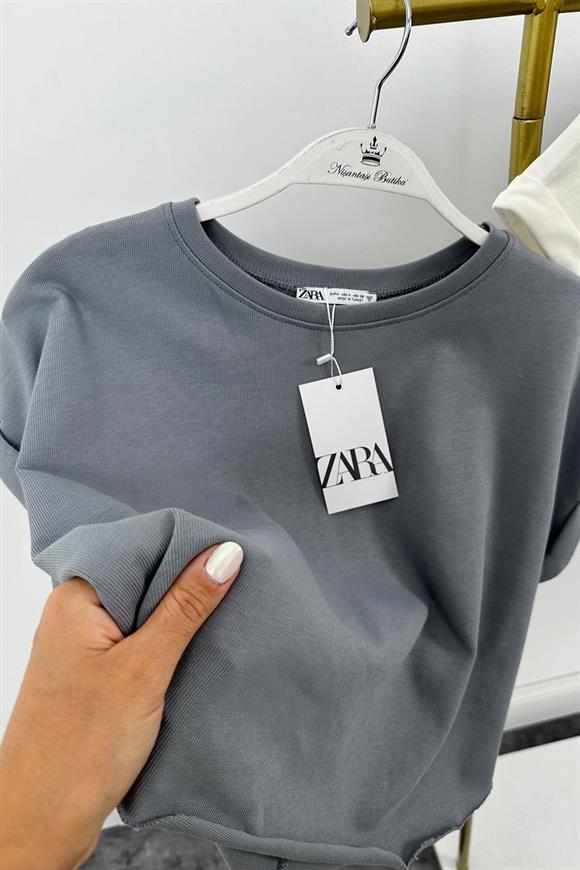 T Kol Özel Kumaş Tam Pamuklu Premium Basic Tshirt Gri