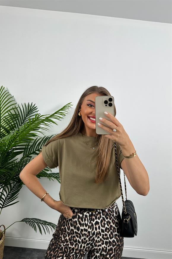 T Kol Özel Kumaş Tam Pamuklu Premium Basic Tshirt Haki