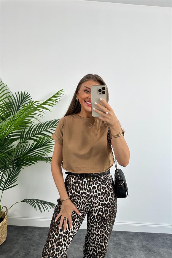 T Kol Özel Kumaş Tam Pamuklu Premium Basic Tshirt Camel