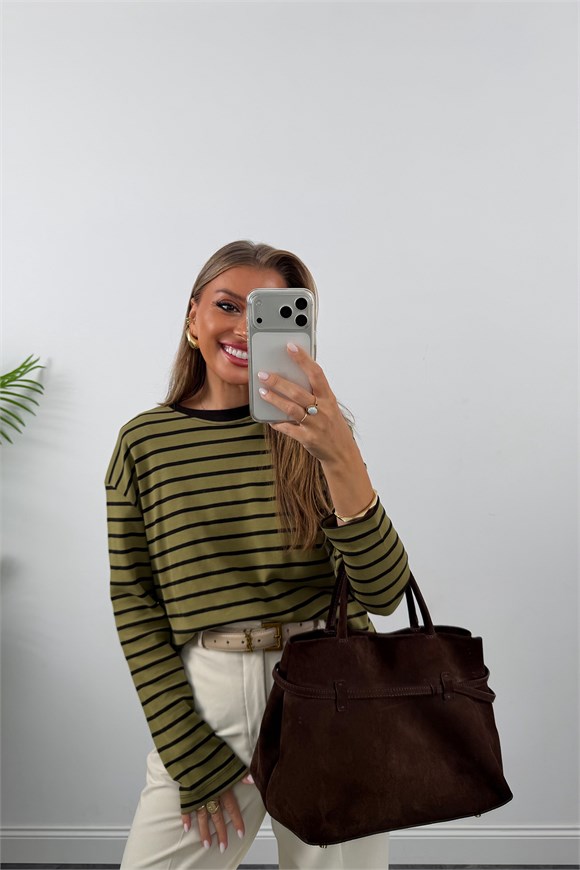 Tam Pamuklu Çizgili Basic Sweat Yeşil Kahve