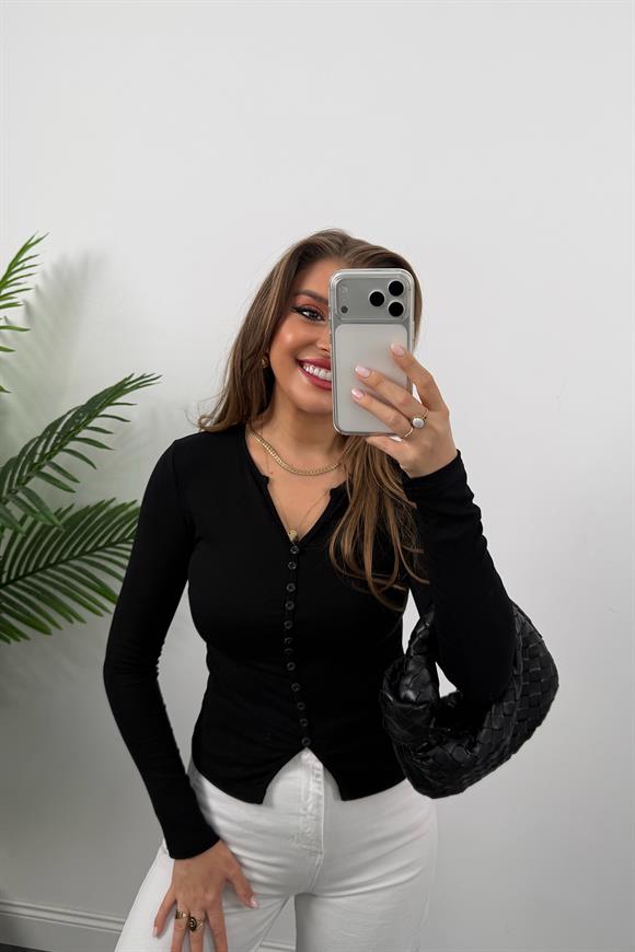 Tam Pamuklu Çok Düğmeli Likralı Basic Bluz Siyah