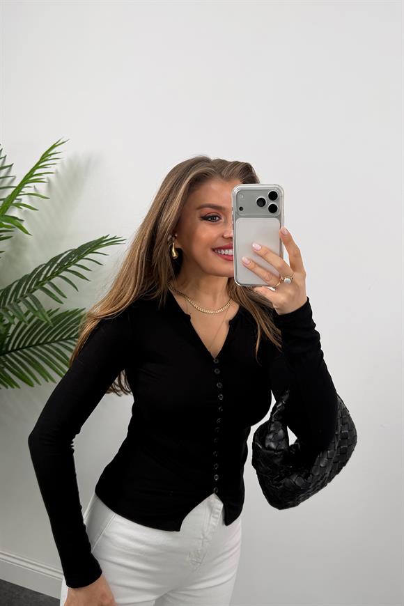 Tam Pamuklu Çok Düğmeli Likralı Basic Bluz Siyah