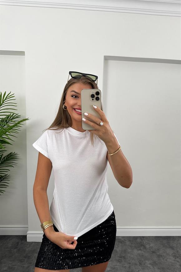 Tam Pamuklu Dik Yaka Basic Tshirt Beyaz 