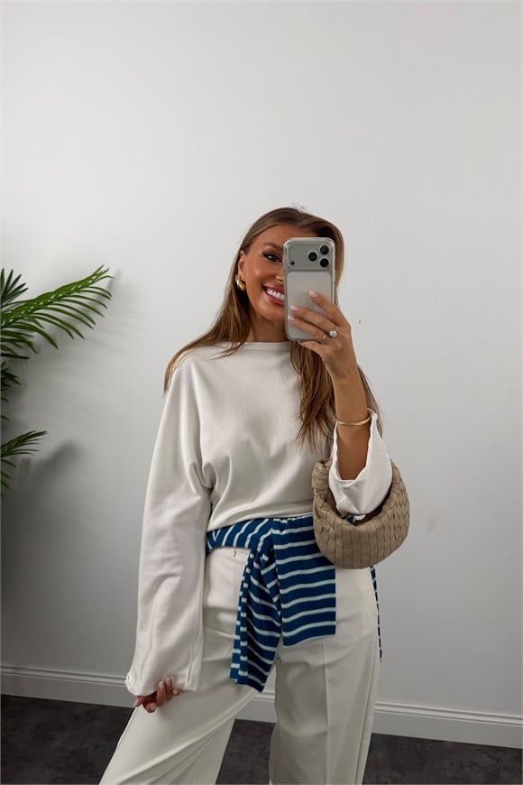 Tam Pamuklu Geniş Kol Basic Sweat Ekru