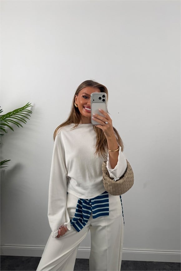 Tam Pamuklu Geniş Kol Basic Sweat Ekru