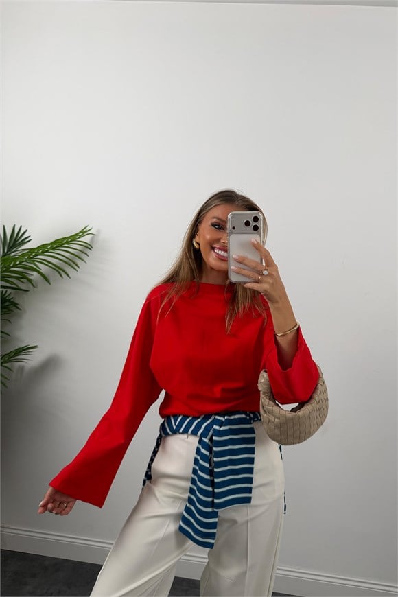 Tam Pamuklu Geniş Kol Basic Sweat Kırmızı
