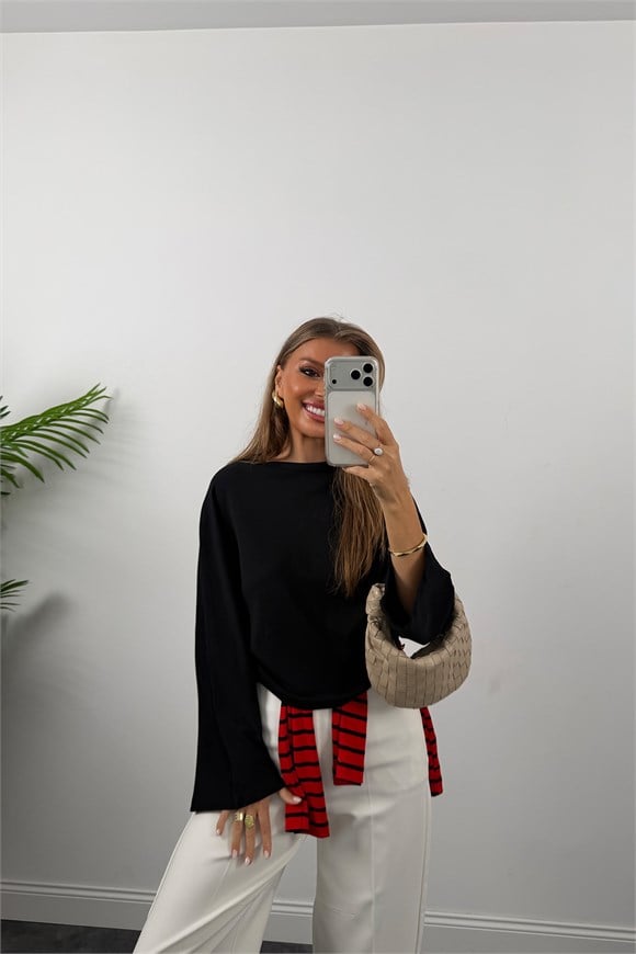 Tam Pamuklu Geniş Kol Basic Sweat Siyah