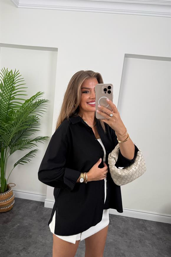 Tam Pamuklu Salaş Yırtmaçlı Basic Keten Gömlek Siyah