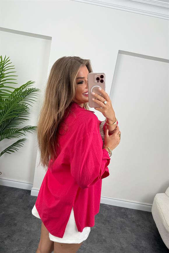 Tam Pamuklu Salaş Yırtmaçlı Basic Keten Gömlek Fuşya