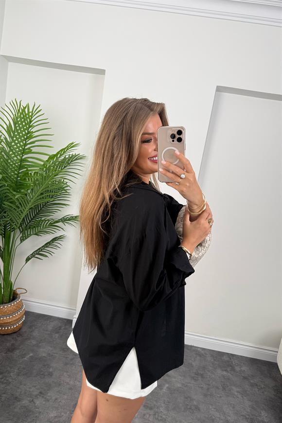 Tam Pamuklu Salaş Yırtmaçlı Basic Keten Gömlek Siyah