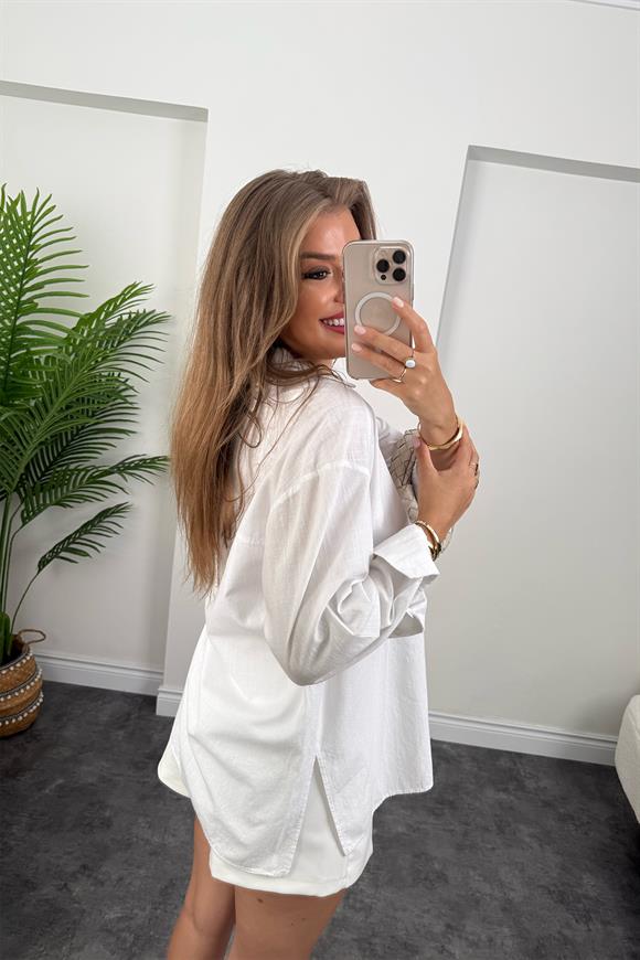 Tam Pamuklu Salaş Yırtmaçlı Basic Keten Gömlek Beyaz