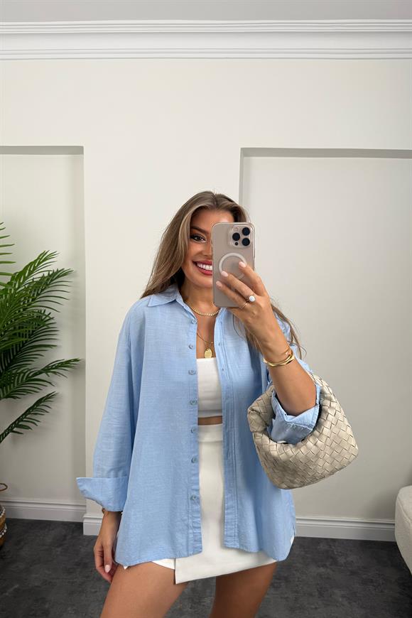 Tam Pamuklu Salaş Yırtmaçlı Basic Keten Gömlek Mavi