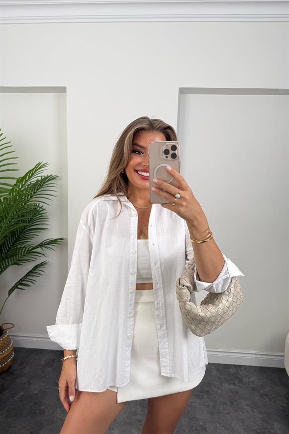 Tam Pamuklu Salaş Yırtmaçlı Basic Keten Gömlek Beyaz