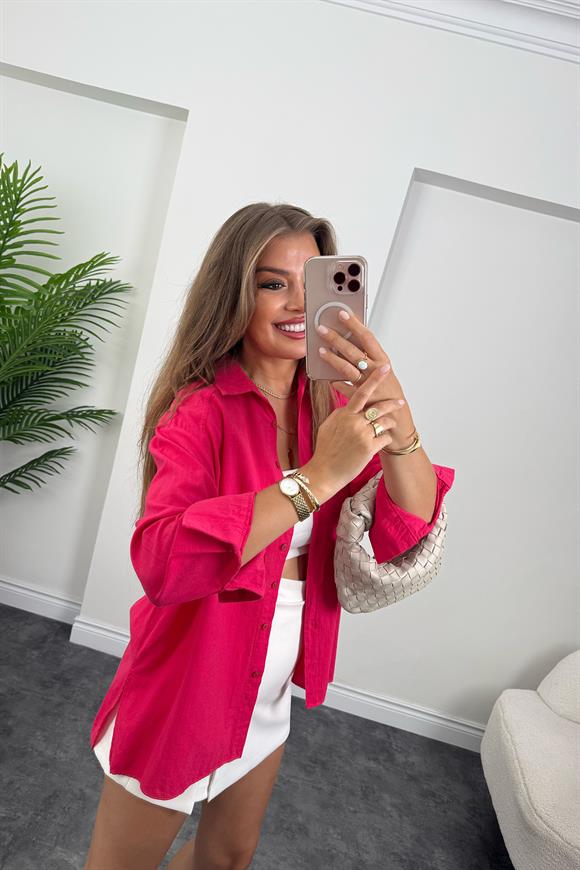 Tam Pamuklu Salaş Yırtmaçlı Basic Keten Gömlek Fuşya