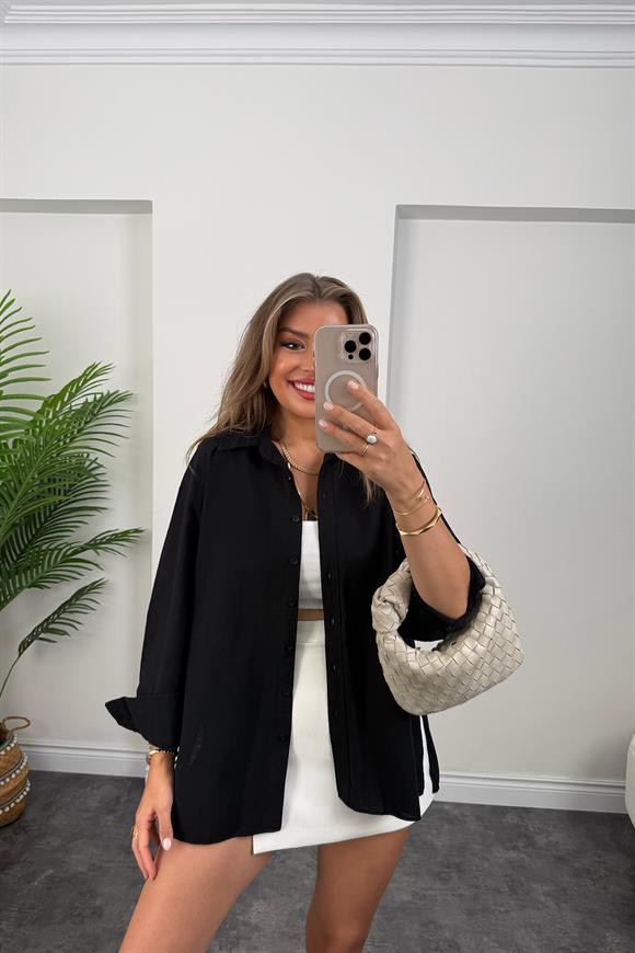 Tam Pamuklu Salaş Yırtmaçlı Basic Keten Gömlek Siyah