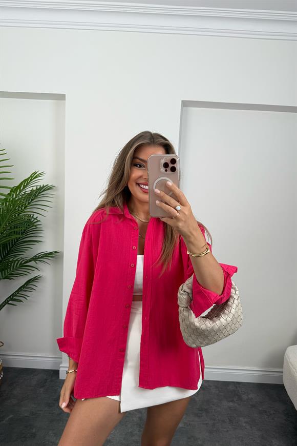 Tam Pamuklu Salaş Yırtmaçlı Basic Keten Gömlek Fuşya