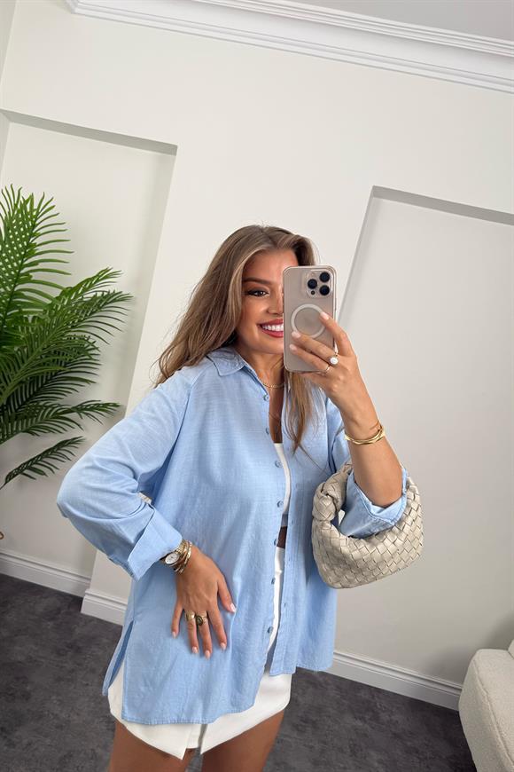 Tam Pamuklu Salaş Yırtmaçlı Basic Keten Gömlek Mavi