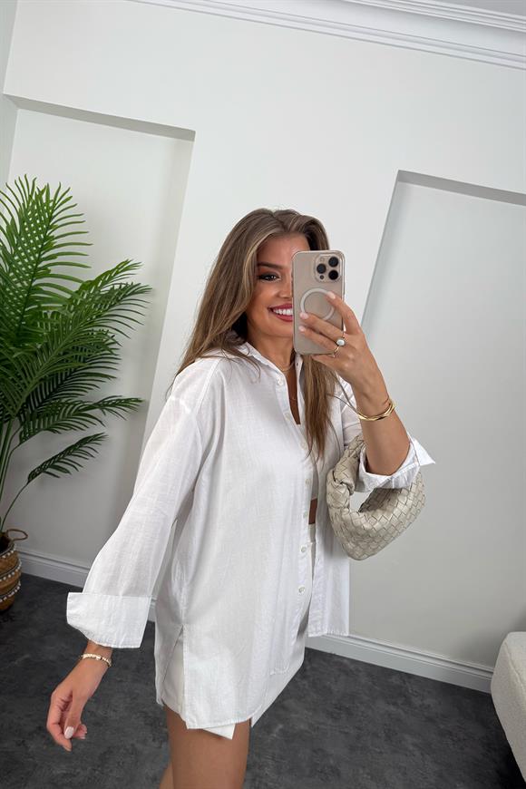 Tam Pamuklu Salaş Yırtmaçlı Basic Keten Gömlek Beyaz