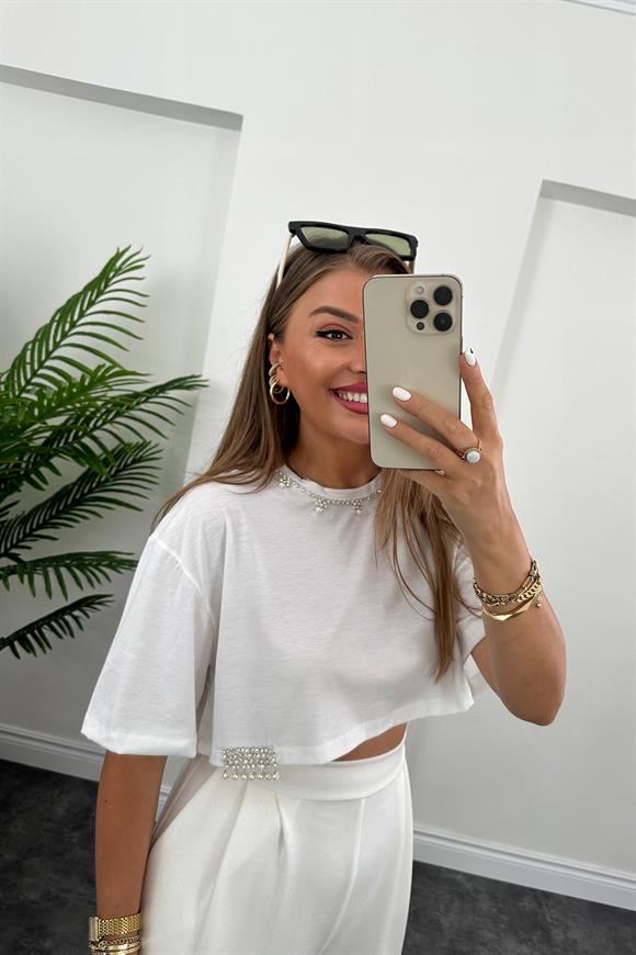 Taşlı Tam Pamuklu Tasarım Crop Tshirt