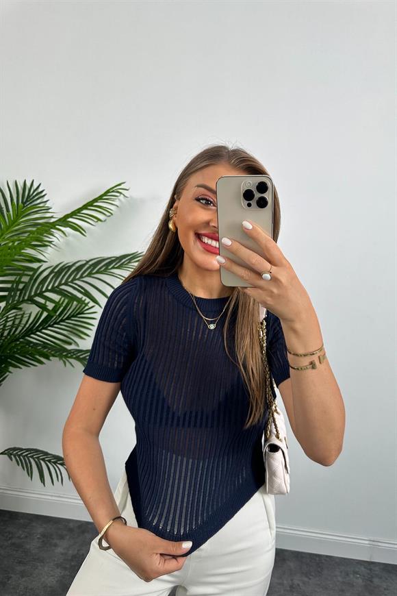 Transparan Detaylı Kısa Kol Triko Bluz Lacivert