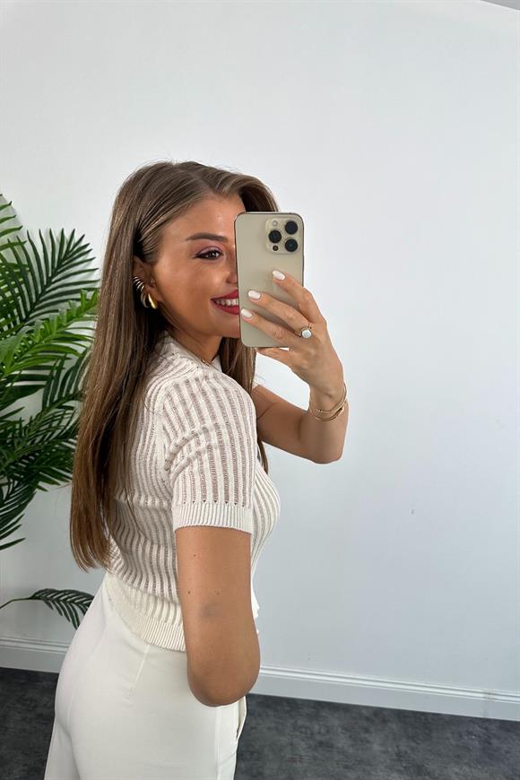 Transparan Detaylı Kısa Kol Triko Bluz Naturel