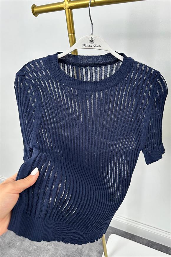 Transparan Detaylı Kısa Kol Triko Bluz Lacivert