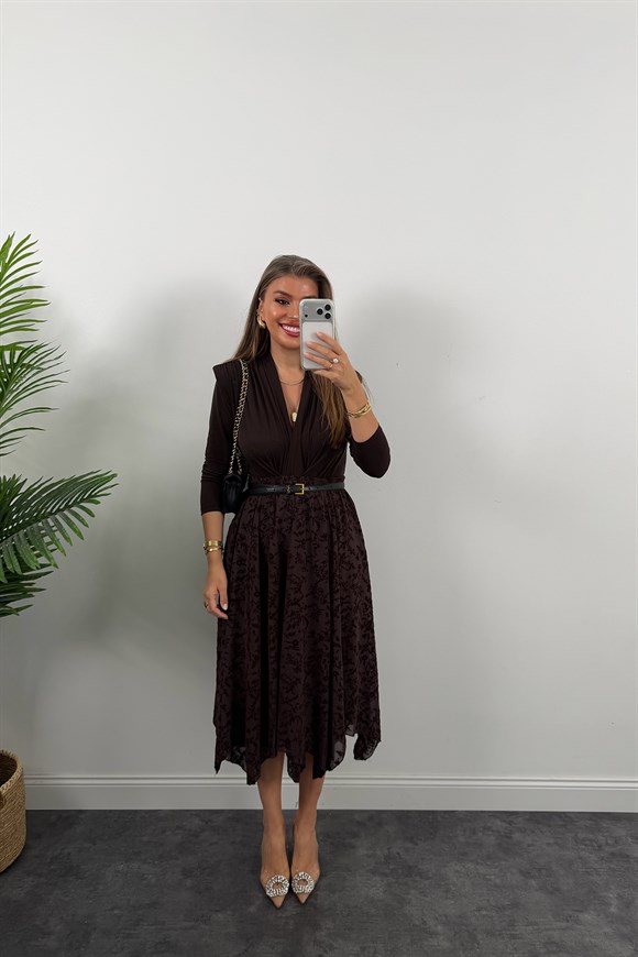 Tül Flok Baskı Midi Boy Etek Kahve