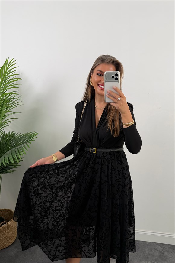 Tül Flok Baskı Midi Boy Etek Siyah