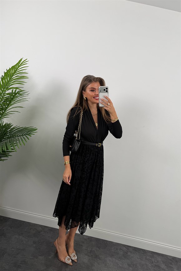 Tül Flok Baskı Midi Boy Etek Siyah