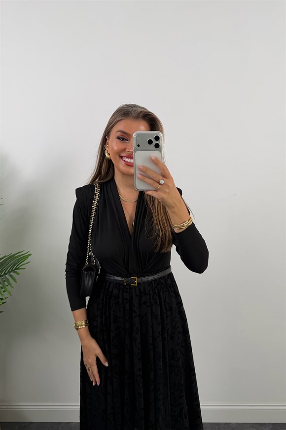 Tül Flok Baskı Midi Boy Etek Siyah