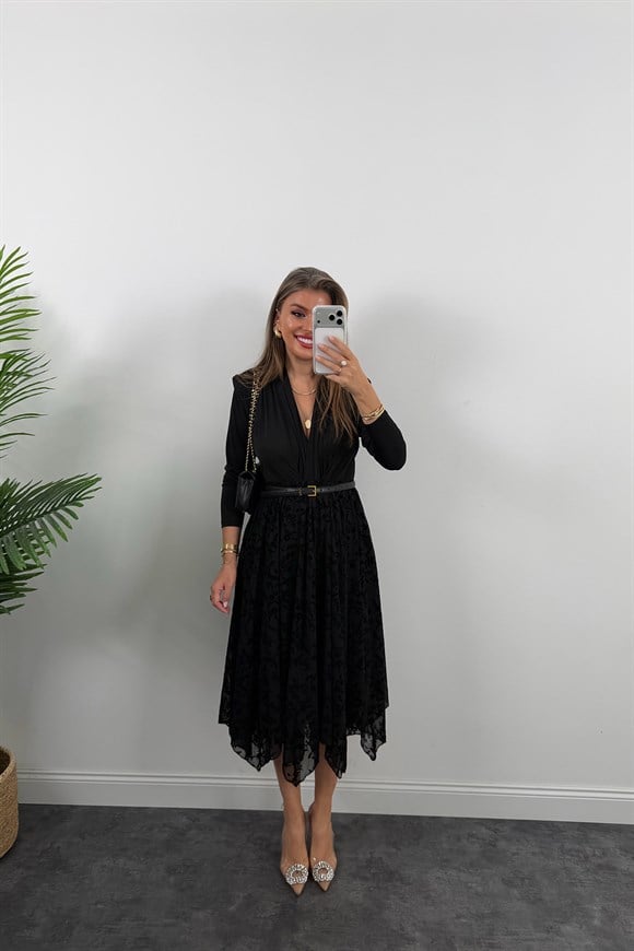 Tül Flok Baskı Midi Boy Etek Siyah