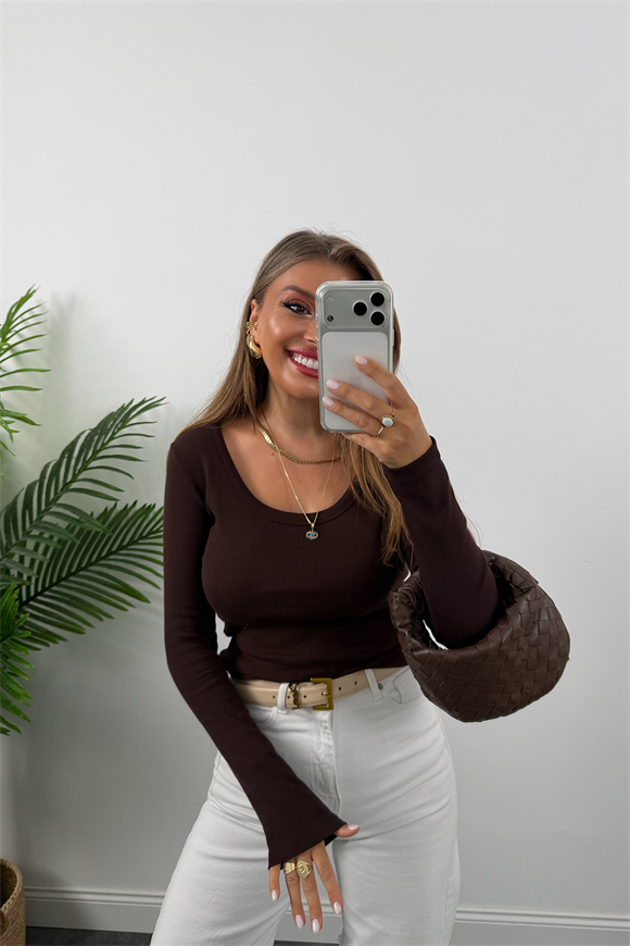 U Yaka %100 Pamuklu Likralı Basic Body Acı Kahve