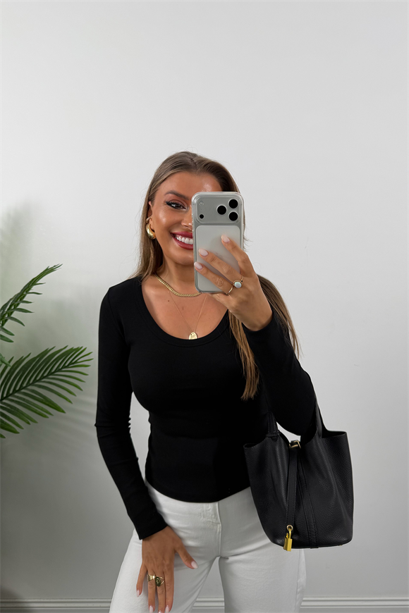 U Yaka %100 Pamuklu Likralı Basic Body Siyah