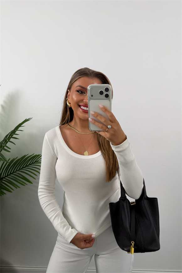 U Yaka %100 Pamuklu Likralı Basic Body Beyaz