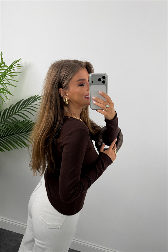 U Yaka %100 Pamuklu Likralı Basic Body Acı Kahve