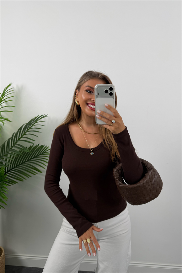 U Yaka %100 Pamuklu Likralı Basic Body Acı Kahve