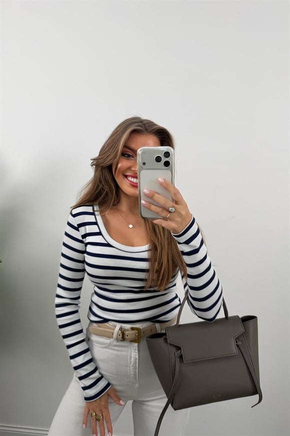 U Yaka %100 Pamuklu Likralı Basic Body Lacivert Beyaz Çizgili
